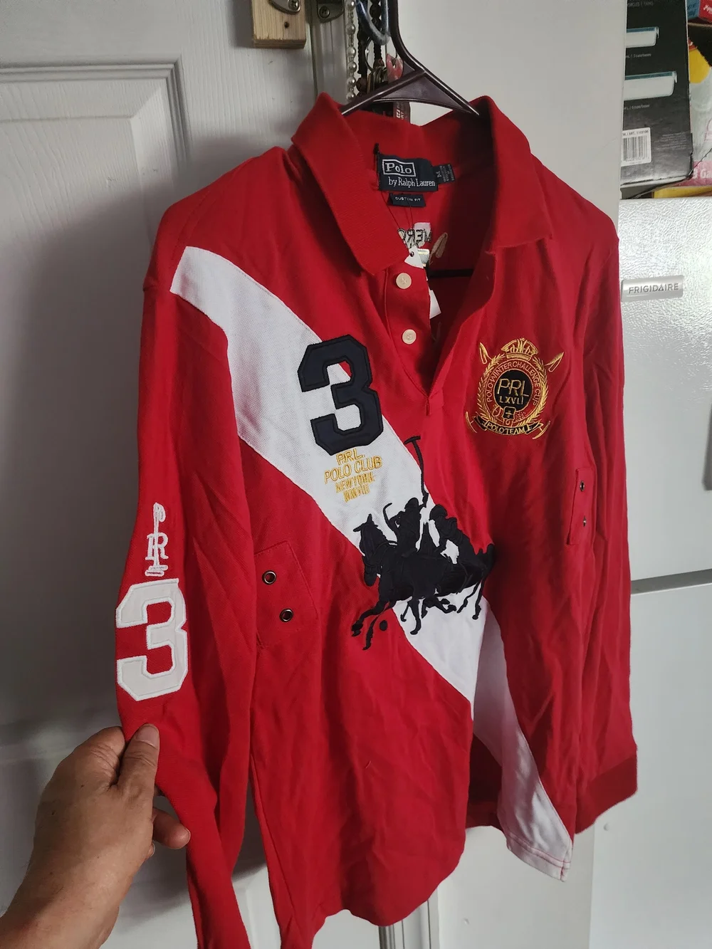 Ralph Lauren Red Long-Sleeve Polo with White Sash & Black Polo Graphic